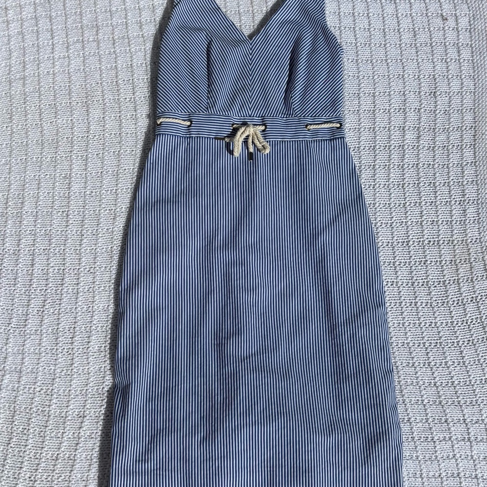 J. Crew Blue and White Striped Sleeveless Midi Dress with Rope Tie
